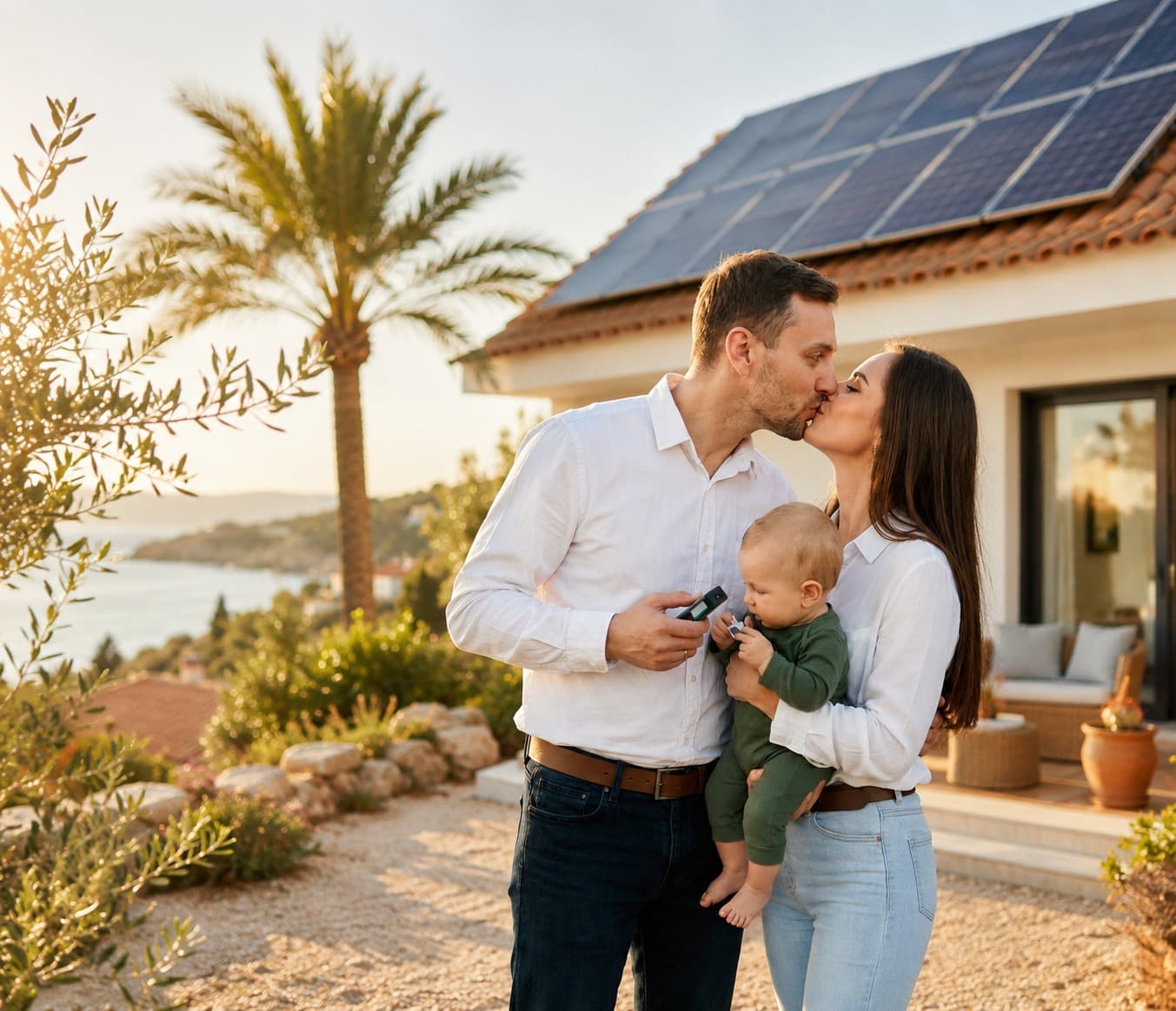 Cyprus family in front of their newly installed photovoltaic system